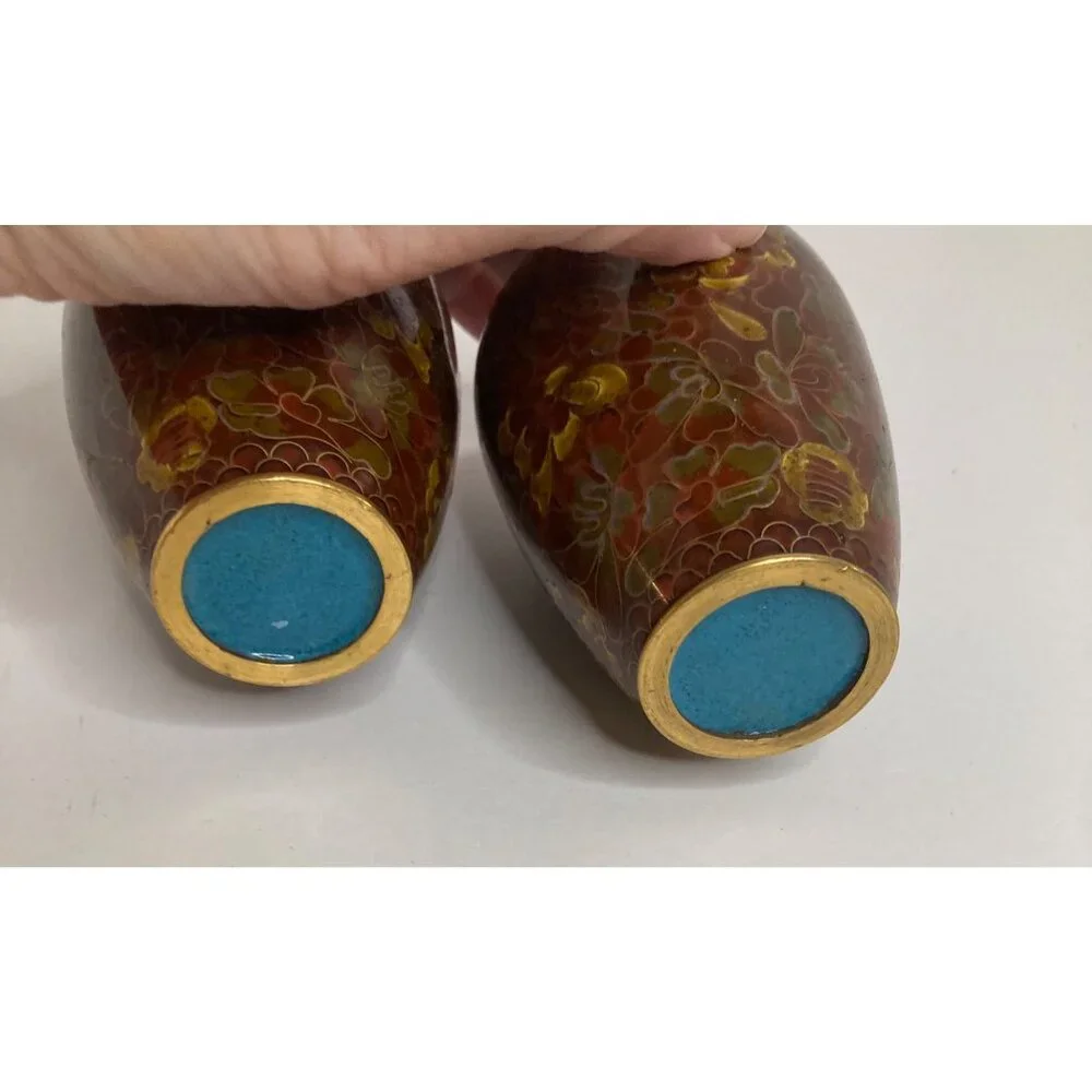 2 Vintage Floral Cloisonne Vases Brown‎ Red Black Gold 4